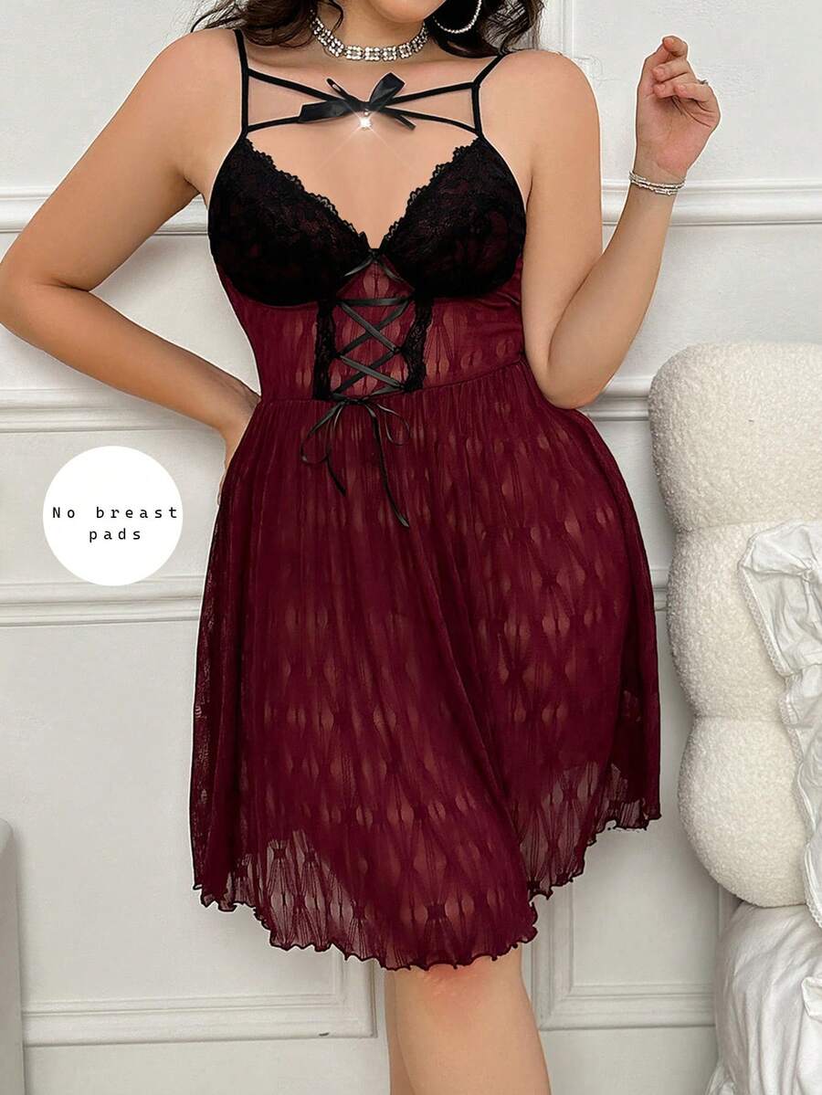 Plus Size Sexy Mesh Nightgown With Bow Decor - Maroon - View 1