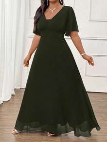 Cravure 优雅通勤休闲雪纺褶皱短袖系腰长连衣裙，百搭舒适面料，适合春、夏、秋季穿着，黑色，大码可选 - 軍綠色 - 查看 8