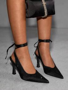 CUCCOO SZL Women's Elegant Commuter Rhinestone Lace-Up Pointed Toe Pumps For Christmas - Black - View 5