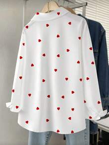 Airaco Casual Loose Rhinestone Studded Heart Print Long Sleeve Blouse For Women - White - View 2