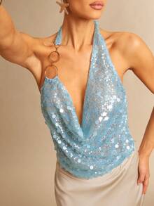 Silquee 女士时尚性感亮片露背吊带背心，夏季 - 藍色 - 查看 4