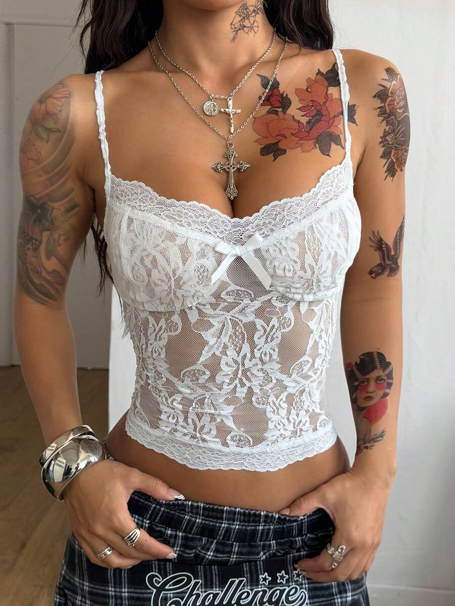 Coolane Women's Spring/Summer Y2K Concert Outfit Rave Outfit Rave Outfit Renaissance Fair Club Outfits Party Hippie Contrast White Lace Tank Tops - White - View 1