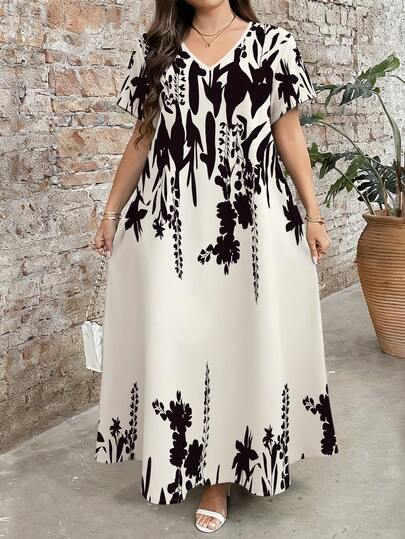 EMERY ROSE Plusstorlek damklänning med rund hals och kort ärm, elegant och lämplig för vardagsbruk