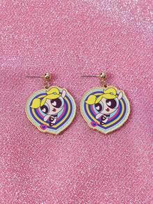 THE POWERPUFF GIRLS X SHEIN 1 Cặp bông tai hợp kim kẽm họa tiết bong bóng thời trang dành cho nữ, sang trọng, phong cách cao cấp, thích hợp cho tiệc tùng, hòa nhạc/lễ hội - Vàng - Xem 2