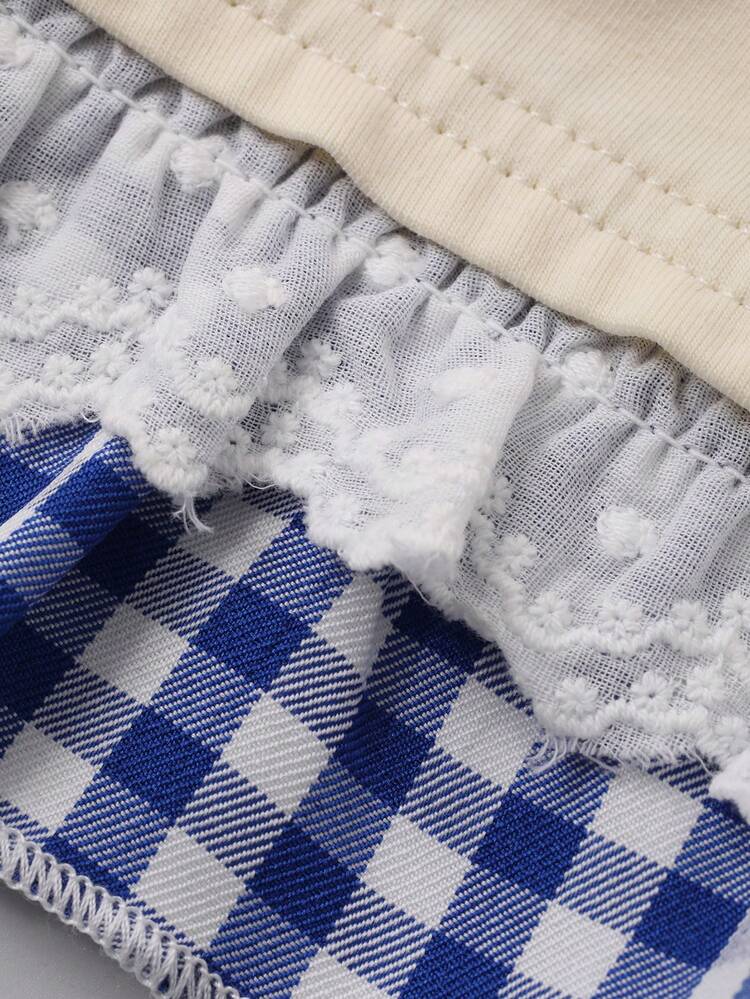 Baby Girls' Round Neck Tie-Up Plaid Patchwork Ruffle Trim Long Sleeve Top Spring Toddler Girls Clothes