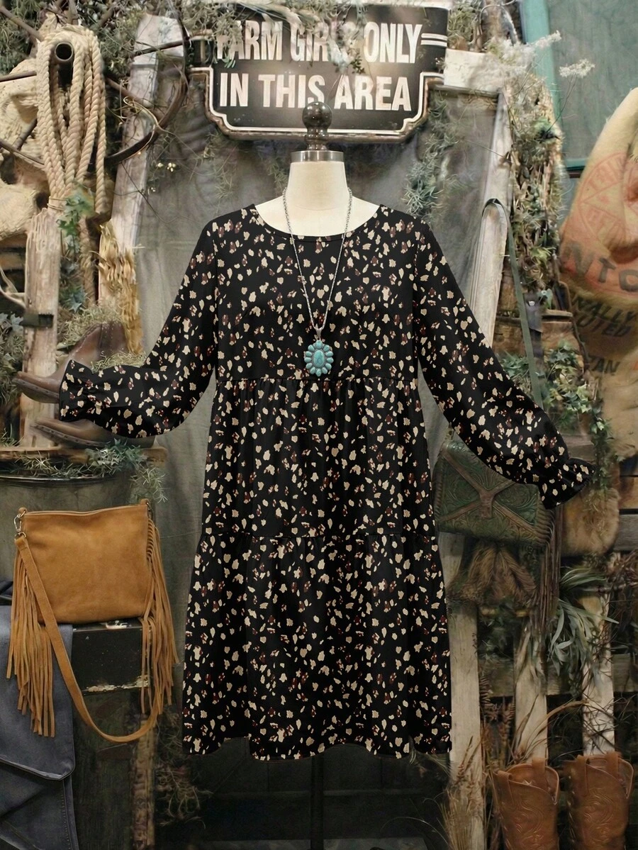 EMERY ROSE Vestido de talla grande con cuello redondo y ajuste holgado con estampado de lunares de leopardo vintage, adecuado para otoño/invierno - Multicolor - Ver 1