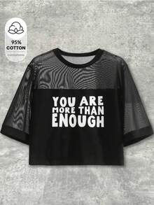 Y2Kool Morgan Reveal 艺术家标语图案网眼拼接T恤，印有“你已足够”字样，95%纯棉，适合夏季、假日、度假、音乐节、伊比沙岛风情、西部风情外出、秋季搭配、休闲时尚服装系列、新年装扮、辣妹风黑色春季穿搭、女士生日装、狂欢节服装。 - 黑色 - 查看 1