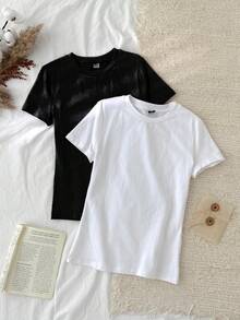 Tseoso 2 件黑白短袖 T 恤套装，休闲简约，适合秋冬季，95% 纯棉，夏季百搭，复古，可爱，柔美，适合夏季外出、居家、返校、秋季女装 - 黑與白 - 查看 8