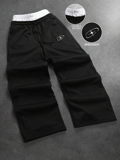 PAVTROS 男士抽绳腰带口袋星形刺绣图案休闲运动裤，适合秋冬季穿着