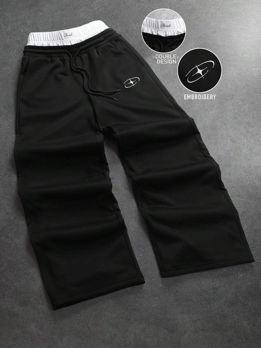 PAVTROS Men's Drawstring Waist Pockets Star Embroidery Pattern Casual Sweatpants, Versatile For Autumn/Winter Mens Wide Leg Pants Double Design Pants Embroidered Pants Street Wear Pants - Multicolor - View 1