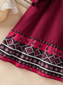 Rochie elegantă pentru fete, cu imprimeu retro, decolteu rotund, tiv cu volane, mânecă lungă, linie A, casual, potrivită pentru vacanță, călătorii, Crăciun, Ziua Îndrăgostiților, purtare zilnică, primăvară/toamnă/iarnă