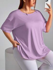 SHEIN Rhythm Era Áo thun thể thao tay ngắn hở lưng màu trơn cỡ lớn - Màu tím hoa cà - Xem 2