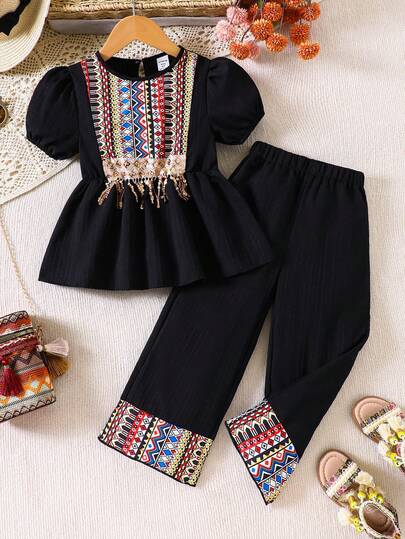 2pcs/Set Young Girls' Sequin Tassel Floral Decor Puff Sleeve Crop Top And Pants Set, Suitable For Spring/Autumn Girls Pant Set Two Piece Set For Girls Girls Clothes Set Girls Pant Suit Little Girl Co Ord Set Black 2 Piece Set For Girls Two Piece Pants Set Kids
