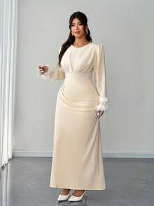 Elenzga Đầm dự tiệc tay dài cổ tròn, eo thắt nơ, viền bèo nhún cỡ lớn dành cho nữ, thanh lịch, lãng mạn, tinh tế, dự tiệc, năm mới, ngày lễ, khách dự tiệc cưới, thu/đông - Màu be - Xem 5