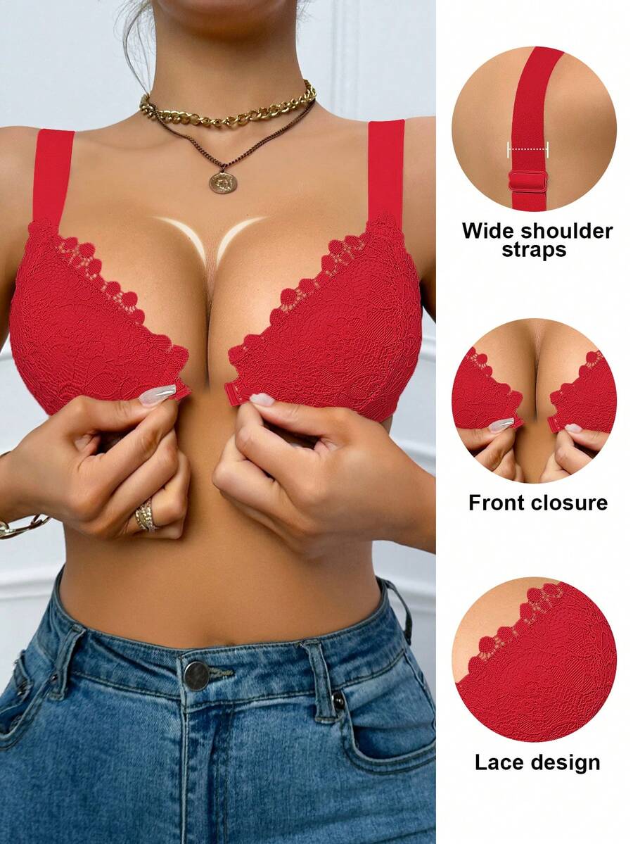 DesireSculpt 1 Áo ngực ren đen gợi cảm cài móc phía trước, nâng đỡ, có gọng điều chỉnh được - Đỏ - Xem 1