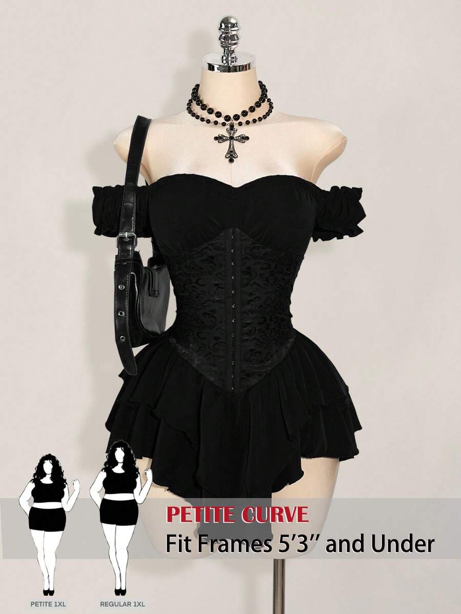 SHEIN PETITE CURVE 大码女式纯色露肩前开襟纽扣时尚连衣裙 - 黑色 - 查看 1