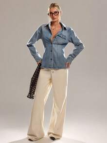 Avantive 秋季/夏季/冬季/返校季/女士演唱会/外出/生日/服装/休闲/千禧年/2000年代/90年代/性感/西部牛仔女装/波西米亚风/乡村风/俱乐部/办公室/鸡尾酒会/复古/紧身/锐舞音乐节/趣味/优雅/老钱风/街头风/度假/乡村演唱会/工作/端庄/国庆新年派对/基础款/毕业/新年/牛仔上衣/女士纯色长袖收腰复古前扣牛仔衬衫 - 藍色 - 查看 5