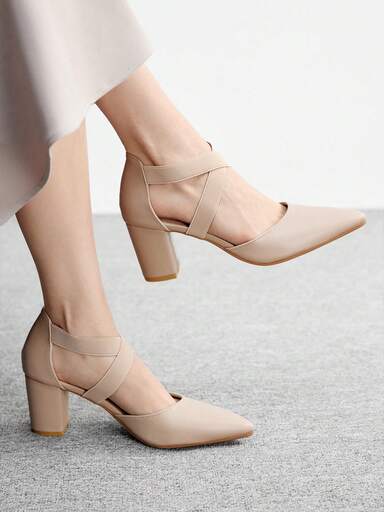 CUCCOO BIZCHIC Women's Fashion Apricot Elastic Ankle Strap Pointed Toe Chunky High Heel Pumps, Suitable For Commuting, Dating, Party, Wedding, Holiday For Christmas