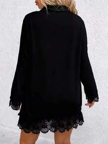 EMERY ROSE Sudadera informal de talla grande con parches de encaje de unicolor, otoño - Negro - Ver 2
