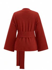 Ellevyn Áo len cardigan dệt kim tay dài buộc eo màu trơn dành cho nữ vào mùa thu/đông - Đỏ - Xem 2