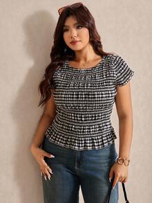 Elaquor Plus Size Summer Casual Plaid Slim Fit Shirt - Black and White - View 5