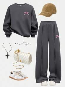 SHEIN EZwear Women's Casual Sweatshirt And Sweatpants Set, 2 Pieces Outfit, Suitable For Autumn/Winter, Bow Print - Dark Grey - View 1