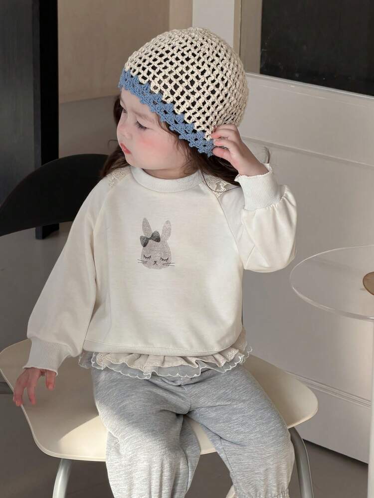 Baby Girl Casual Rabbit Print Ruffle Trim Sweatshirt, Autumn Spring Toddler Girls Clothes