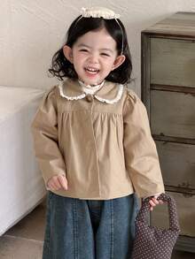 DAZY Toddler Girls' Lapel Lace Patchwork Casual Jacket, Spring/Autumn - Khaki - View 4