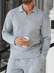 Manfinity Homme 男士Polo衫，成熟休闲风格拼接设计，时尚百搭，适合外出穿着；男士针织衫，灰色；男士衬衫，灰色针织衫；男士长袖Polo衫 - 灰色 - 查看 4
