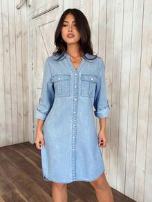 SHEIN PETITE Casual Commuting Washed Front Button Denim Dress - Blue - View 7