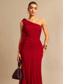 Silquee 1 pièce Robe longue ajustée pour femme avec col asymétrique et volants, couleur unie - Rouge - Voir 4