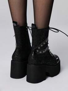 Sugerpunk Women's Glossy Thick Sole Punk Style Lace-Up Chunky Heel Ankle Boots For Christmas - Black - View 8