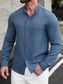 Manfinity CasualCool 男士立领单排扣休闲百搭通勤长袖衬衫 男士亚麻衬衫 男士纹理衬衫 蓝色衬衫 男士休闲衬衫 蓝色设计师衬衫 - 藍色 - 查看 3