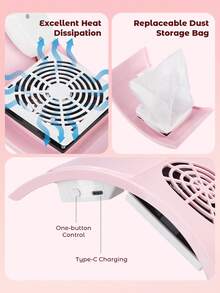 Teckwe Compact Nail Dust Collector, Nail Cleaner For Manicure, Vacuum Fan Dust Extractor With Reusable Filter For Salon & Home, Nail Tools, Professional Manicure Set - Pink - View 5
