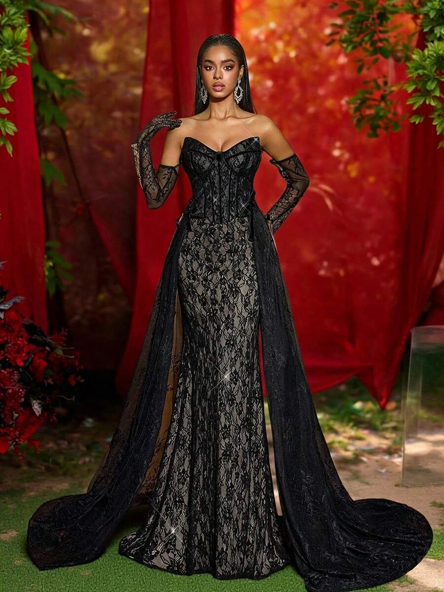 Glamrae Robe élégante, luxueuse et sexy avec épaules dénudées, décoration en dentelle française, structure en arête de poisson, ourlet en queue de poisson avec accent pailleté. Convient pour les bals, les événements d'affaires, les fêtes privées, les anniversaires, les vacances, les mariages et autres occasions formelles. - Noir - Voir 1