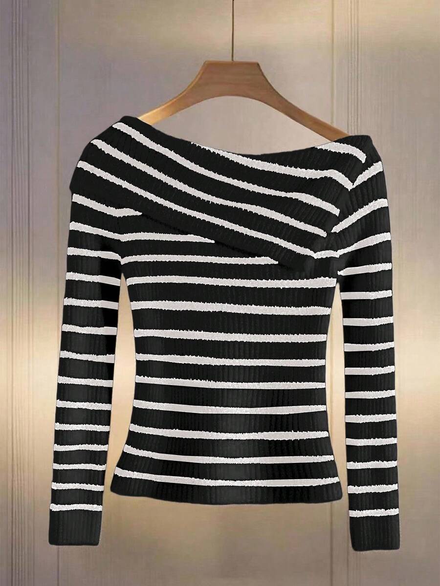 Franclia Tricou damă cu dungi asimetrice sexy, tricotat, cu blocuri de culori, pulover elegant franțuzesc cu nervuri, toamnă/primăvară, pe un umăr, guler înalt, mânecă lungă