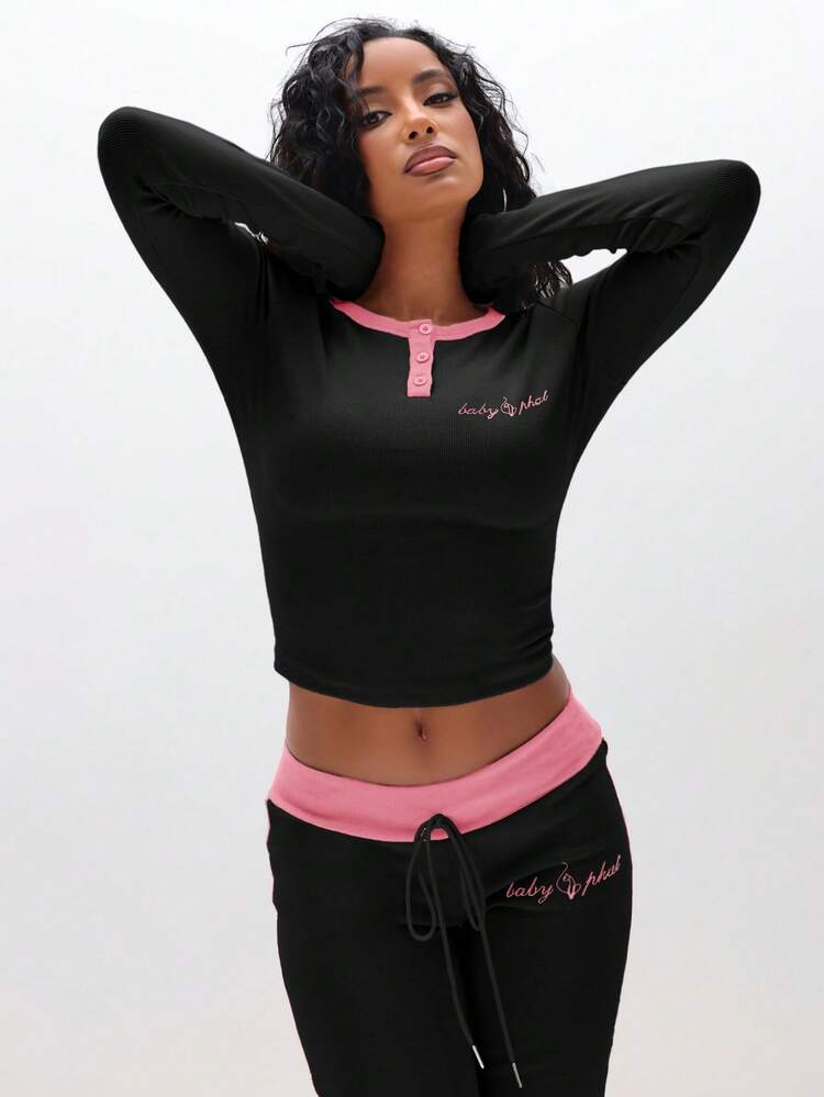 BABYPHAT Ribbed Henley Long Sleeve Top With Contrast Pink Trim And Button Front Detail For Casual Everyday Wear