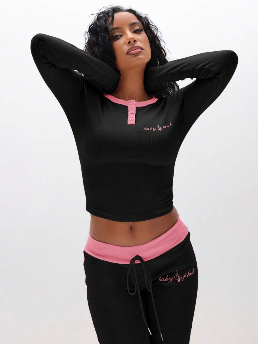 BABYPHAT Ribbed Henley Long Sleeve Top With Contrast Pink Trim And Button Front Detail For Casual Everyday Wear - Black - View 1