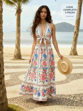 CAJUNI Serie de vestidos largos florales para vacaciones tropicales