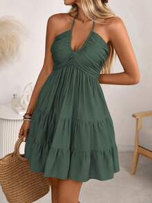 EMERY ROSE 女士春夏单竹结亚麻度假沙滩连衣裙，波西米亚西部风褶皱胸部多层蛋糕裙A字露背可调节挂脖蝴蝶结连衣裙 - 墨綠色 - 查看 3