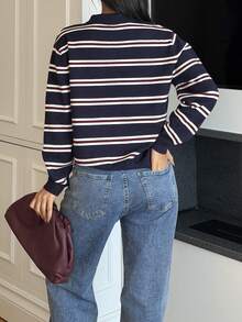 Ronhire Women's Casual Everyday Striped Polo Collared Long Sleeve Sweater,Back To School ,Fall / Winter Clothes For Women,Blockette Style