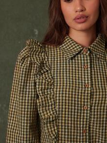 WESTFADE 翻领纽扣荷叶边长袖棉混纺格子衬衫，可爱秋季上衣，休闲牛仔风，适合秋季、秋冬季、波西米亚风、乡村音乐会、西部风格等场合，女士西部服饰 - 棕色 - 查看 5