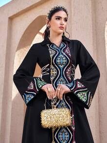 Al Najma Women's V-Neck Sequin Floral Embroidery Pattern Waist Tassel Tie Elegant Cinched Waist Party Arabic Flare Sleeve Dress Kaftan Jalabiya Dress Arabic Dress For Women Abaya For Women Dubai