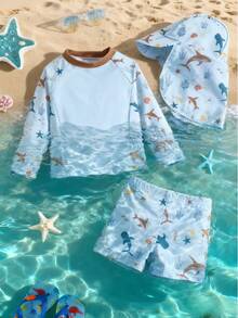 SHEIN 3件套男女宝宝休闲夏季度假椰树印花长袖短裤套装，含配套遮阳帽，适合春夏季穿着，居家、外出、旅行、海滩、泳池、派对等场合。 - 彩色 - 查看 4