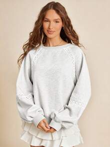 WESTFADE Fleece & Crochet Lace Crewneck Raglan Sleeve Boxy Fit Sweatshirt Back To School Fall Clothes - Grey - View 3