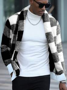 Manfinity CasualCool Plaid Casual Warm Long Sleeve Men's Jacket, Autumn/Winter Mens Knitted Cardigans Men Sweater Jacket Black And White Jacket Men Cardigan Plaid Jacket Men - Multicolor - View 6