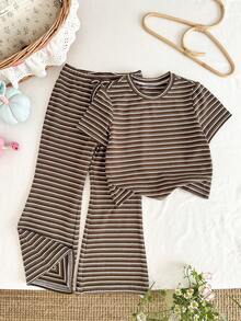LMoss Kids LMoss   Young Girl Striped Round Neck Short Sleeve T-Shirt And Pants Casual Outfit - Multicolor - View 5