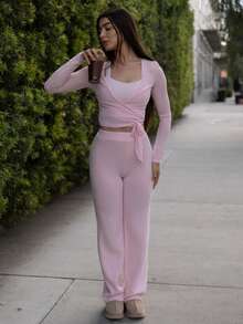 Andrea Bello 1pc Women Solid Color Long Sleeve Slim Fit Casual Tie Front Blouse - Pink - View 5