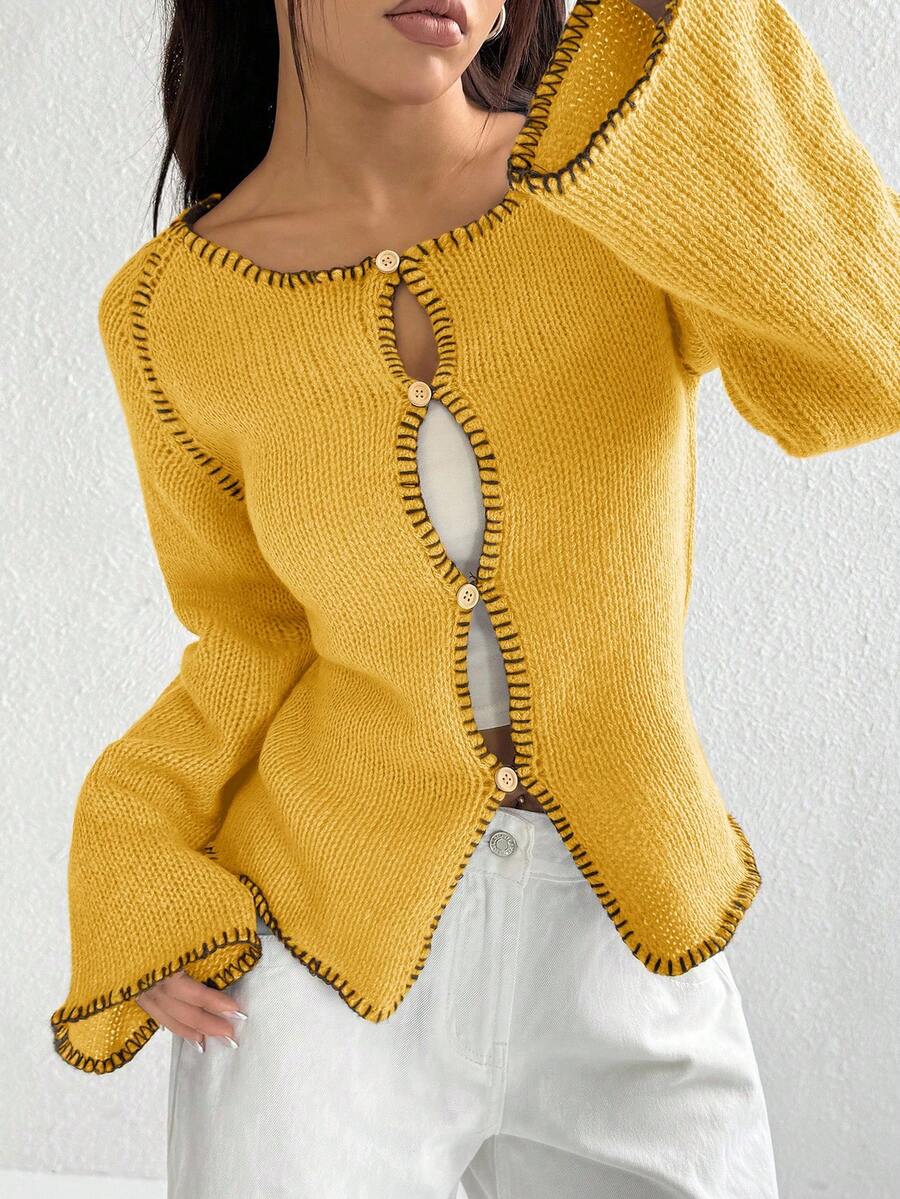 Jeanoix Cárdigan casual de mujer de un solo abotonado con mangas raglán - Mostaza Amarilla - Ver 1