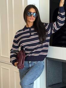 Ronhire Women's Casual Everyday Striped Polo Collared Long Sleeve Sweater,Back To School ,Fall / Winter Clothes For Women,Blockette Style